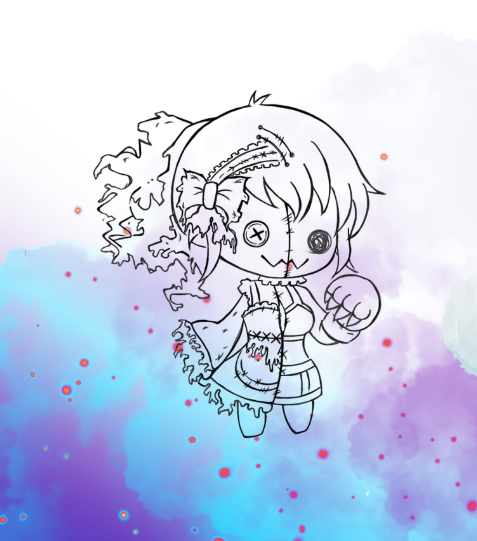 ボタンの目をしたツギハギの女の子の線画イラスト